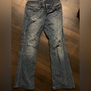 American Eagle size 12 stretch original bootcut distressed jeans.